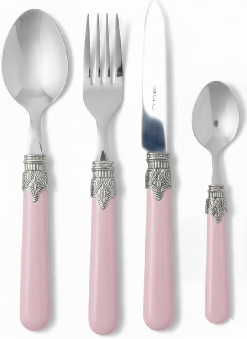 MODALYSSA Set Posate 16 Pezzi Rosa Cipria Made in Italy, Acciaio Inox 18/10 Ghiera Anticata, Servizio per 4 Persone, Design Shabby Chic, Vintage, Provenzale e Romantico, Matrimoni e Regalo.
