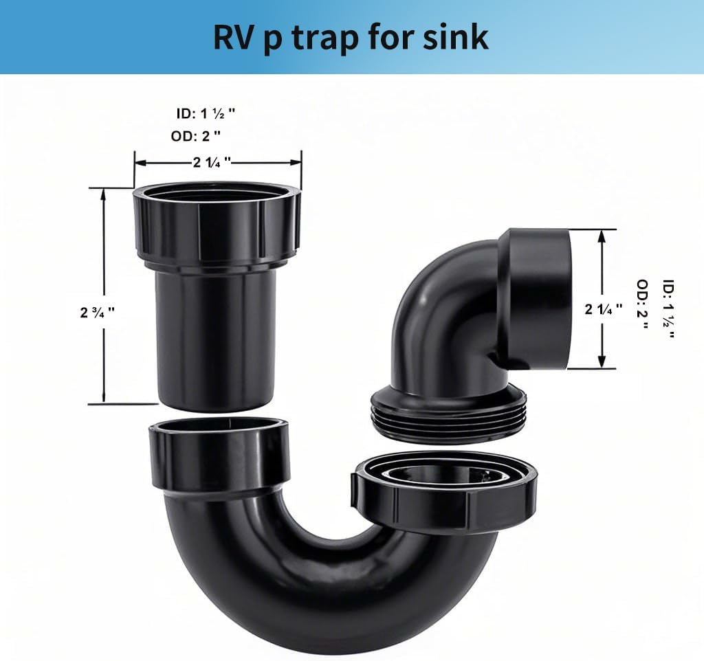 LESSO P Trap with Threaded Adapter Ring,1-1/2" Leak & Odor Proof Drain Kits for Bathroom/Kitchen/RV Sink Drain, ABS P Trap