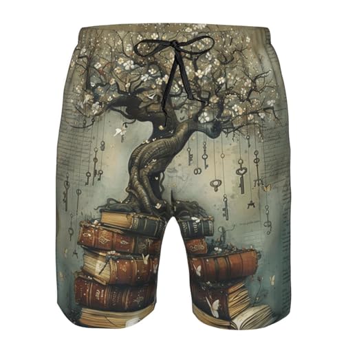 Men's Quick Dry Swim Shorts Tree and Ancient Books Magic Fantasy Vintage Beach Trunks with Pockets3