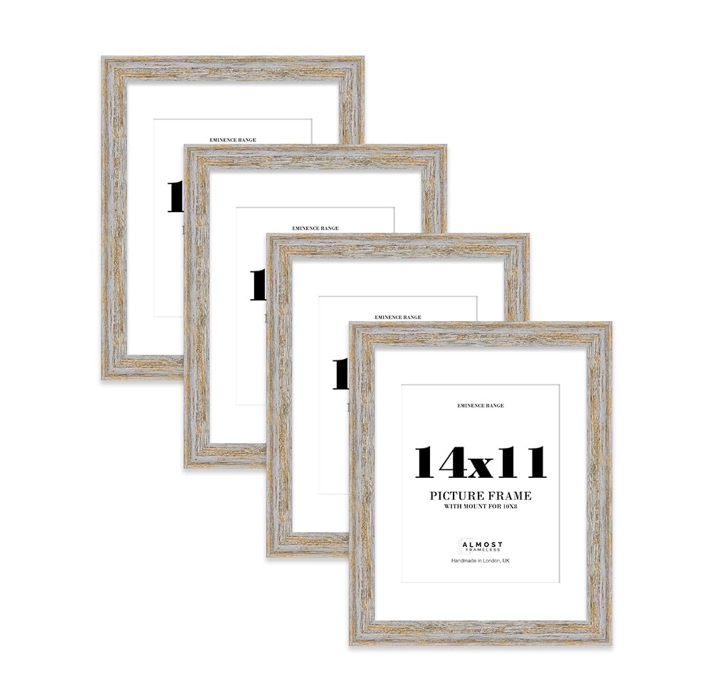14x11" Walnut Woodgrain Picture Frame with 10x8" Mount - Shabby Chic Photo Frame with Distressed Finish, Wall Hooks and Kickstand, 32mm Edge - 4 Pack