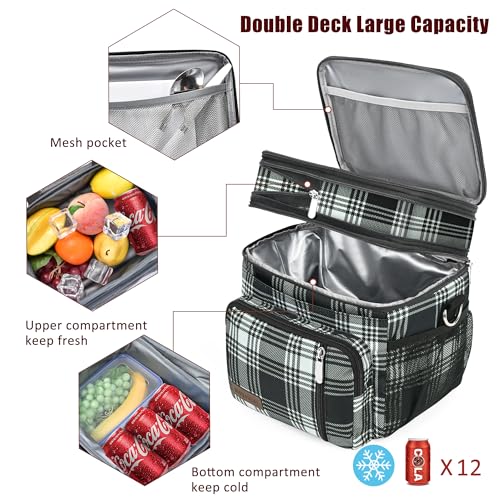 Image of MIYCOO Lunch Bag & Lunch Box for Women Men, Double Deck Leakproof Insulated Soft Large Adult Camping Cooler bag for Work, Beach, Picnic, Travel (Checkered Black and White, 15L)
