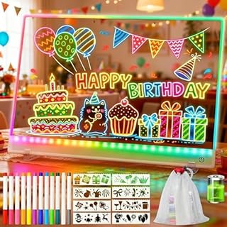 Rechargeable Led Drawing Board with 12 Markers, 16.5" Led Message Board - 8 Drawing Stencils & Storeage Bag & Edge Protection, Light Up Acrylic Dry Erase Lumi Board with Colors for Gift/Classroom/Office/Kids