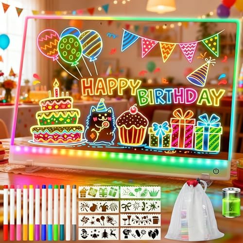 Rechargeable 16.5IN Led Drawing Board, Led Message Board with 12 Markers - 8 Drawing Stencils & Storeage Bag & Silicone Case, Light Up Acrylic Dry Erase Lumi Board with Colors as Gifts for Boys/Grils