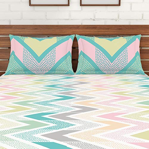 Image of Spaces Atrium Cotton King Size Fitted Double Bedsheet with 2 Pillow Covers Soft Feel Skin Safe Breatheable Fabric (Geometric, 183 cm x 198 cm + 30 cm) - Aqua Green