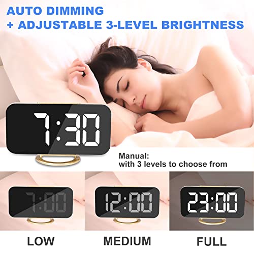 Ygdigital Digital Alarm Clock,6.5 Inch Led Mirror Electronic Clocks,With 2 Usb Charging Ports,3 Adjustable Brightness, Snooze,12/24H, For Bedroom Home Office (Gold) #TOP3