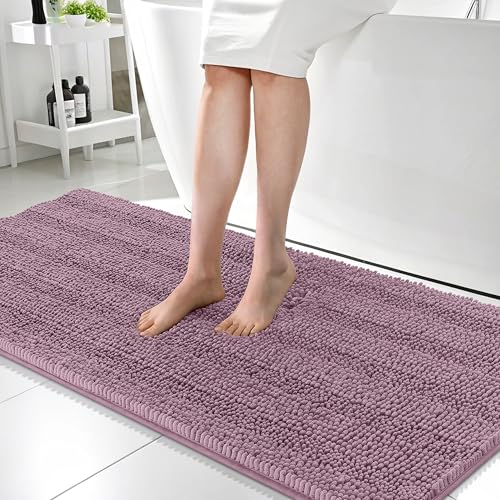Image of OLANLY Thick Bathroom Runner Rugs 59x24, Absorbent Chenille Striped Bath Rugs, Rubber Backing, Machine Wash, Extra Long Bath Mats for Bathroom Floor, Tub and Shower, Home Decor Accessories, Deep Plum