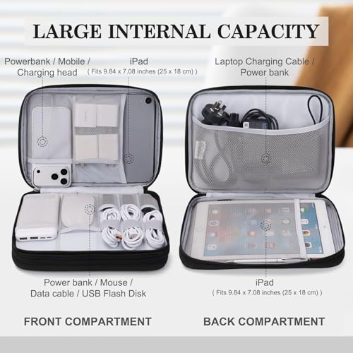 Image of FYY Electronic Organizer, Extra Large Travel Cable Organizer Bag Pouch Portable Waterproof Double Layers All-in-One Storage Bag for iPad, Cable, Power Bank, Laptop Charger for Office, Black-Pattern