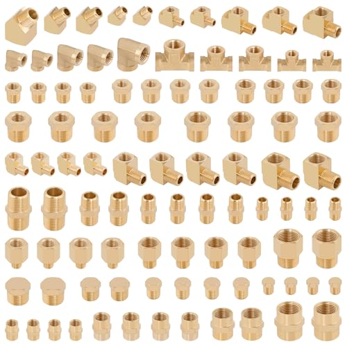 Image of KOOTANS 96PCS Brass Pipe Fittings Assortment Kit - NPT Adapter, Reducer Bushing, Hex Nipple, Coupling, Head Plug, 45 & 90 Degree Barstock Street Elbow, Tee Fittings Kit