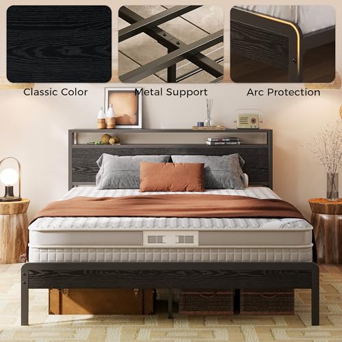 Image of LIKIMIO Queen Bed Frame with Headboard, Dark Wood Camas Queen with Strong Supports, Sturdy, Noise-Free, No Box Spring Needed, Black