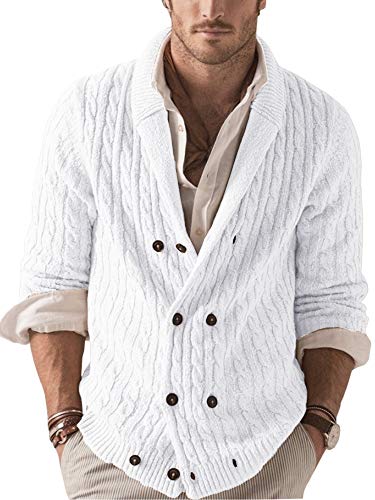 Pretifeel Mens Cardigan Sweater Shawl Collar Cable Knitted Button Down Twisted Winter Warm Jumper White