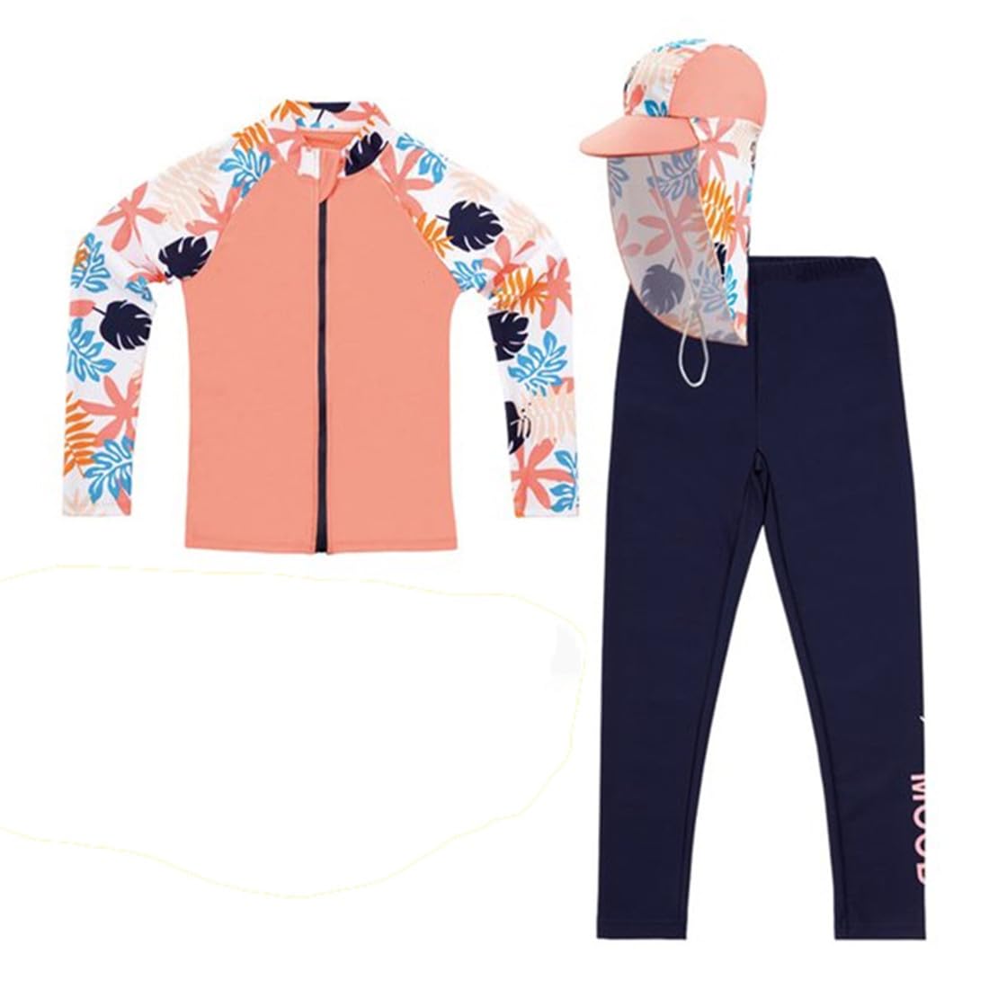 3 Pcs Youth Girls Long Sleeve Zipper Rash Guard Shirt+UPF 50 Pants Swimsuit Sun Protection Hat Bathing Suits Light Orange