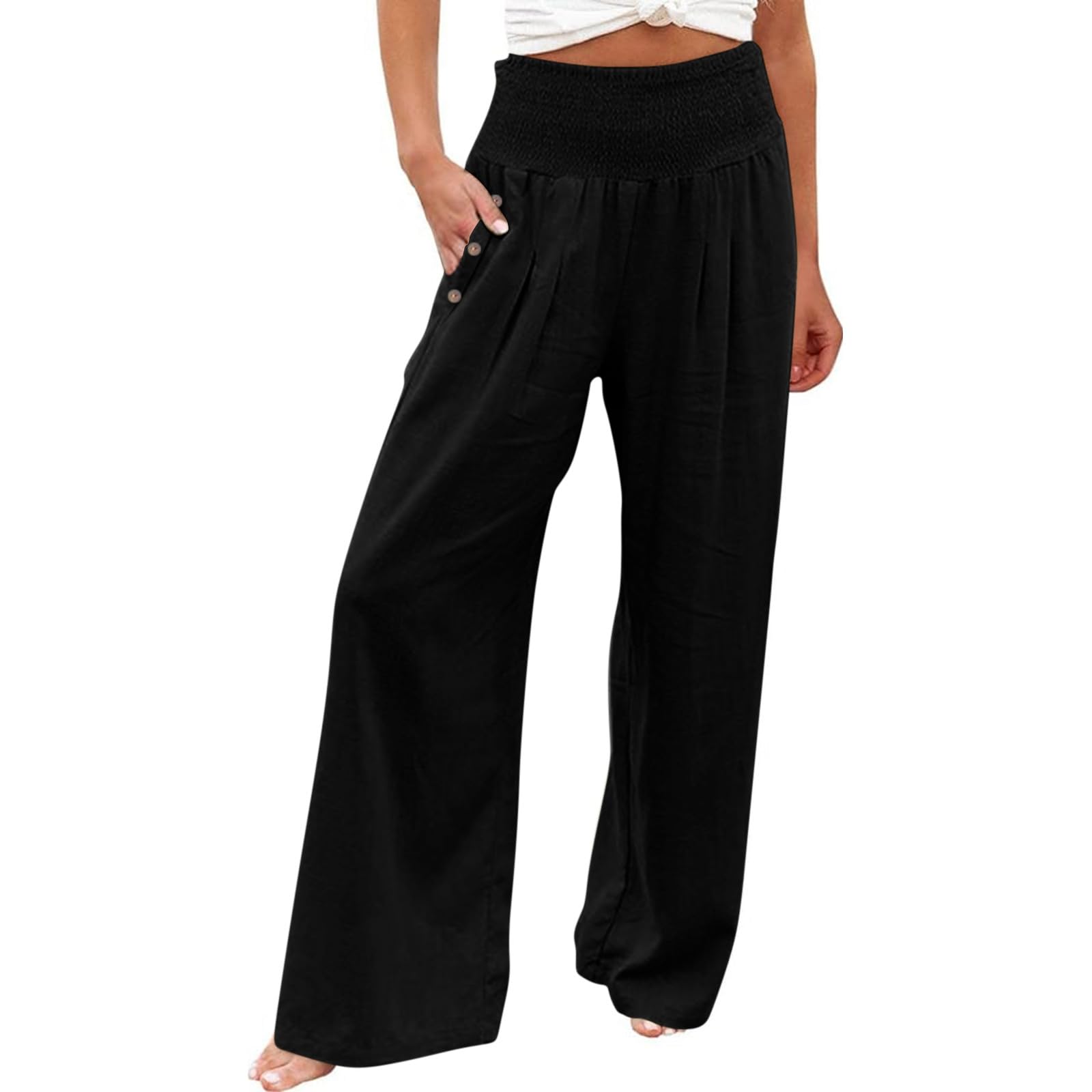 Women Wide Leg Linen Pants Smocked High Waist Stretch Palazzo Pants with Button Pockets Boho Flowy Cotton Beach