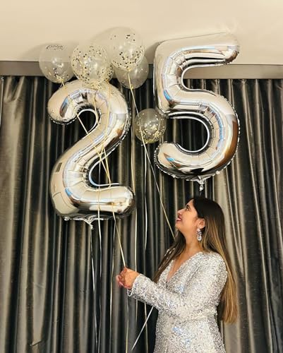 Image of Silver Number 25 Balloon 40 inch, 25 Number Balloons, 25th Silver Birthday Decorations, 25 Year Old Women Men Silver Party Supplies