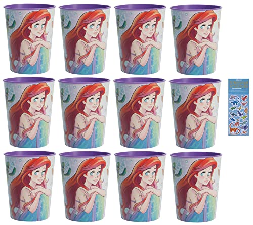 Unique The Little Mermaid Ariel Party Supplies Bundle Pack includes 12 Plastic Reusable Cups and 1 Dinosaur Sticker Sheet
