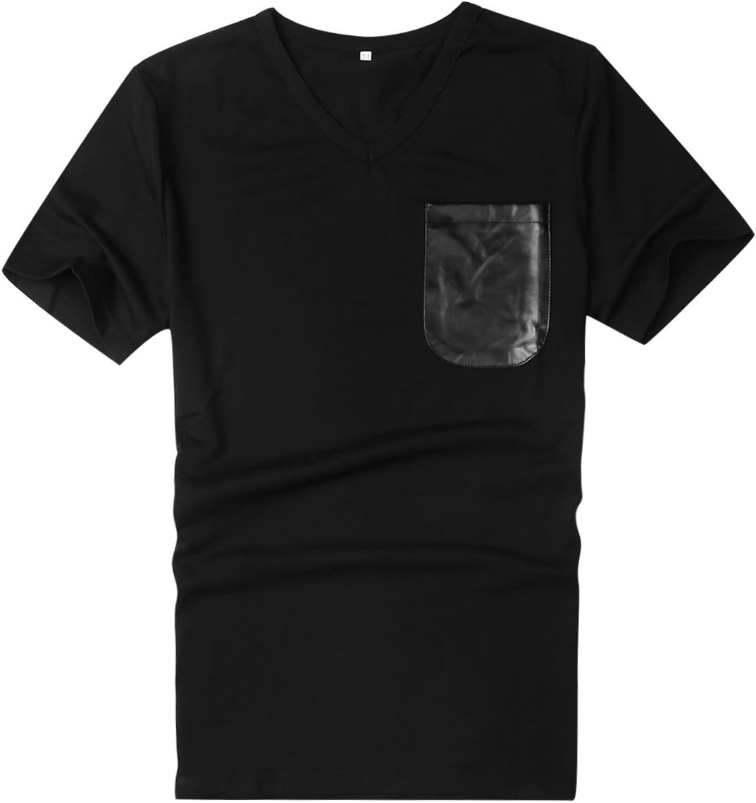 uxcell Mens Stylish Faux Leather Splice Chest Pocket Slim V Neck Tee Shirt Black M US 40