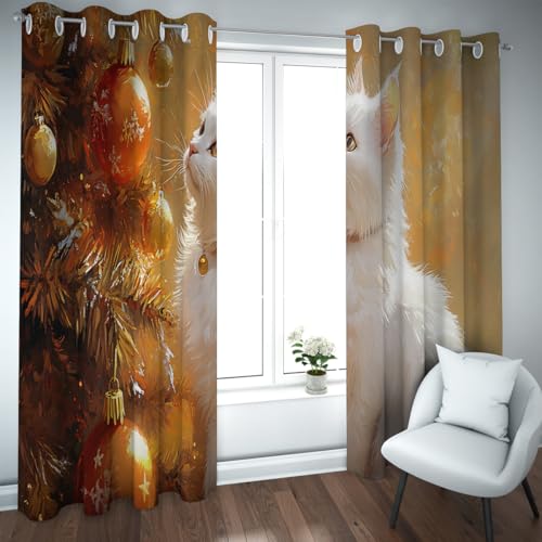 Cortinas Opacas Gatos navideños Cortinas Festivas Animales Todas Las Estaciones Cortinas oscuras Habitaciones del salón y Dormitorio aisladas térmicamente 2 Paneles (W140xL260cm Cada uno)