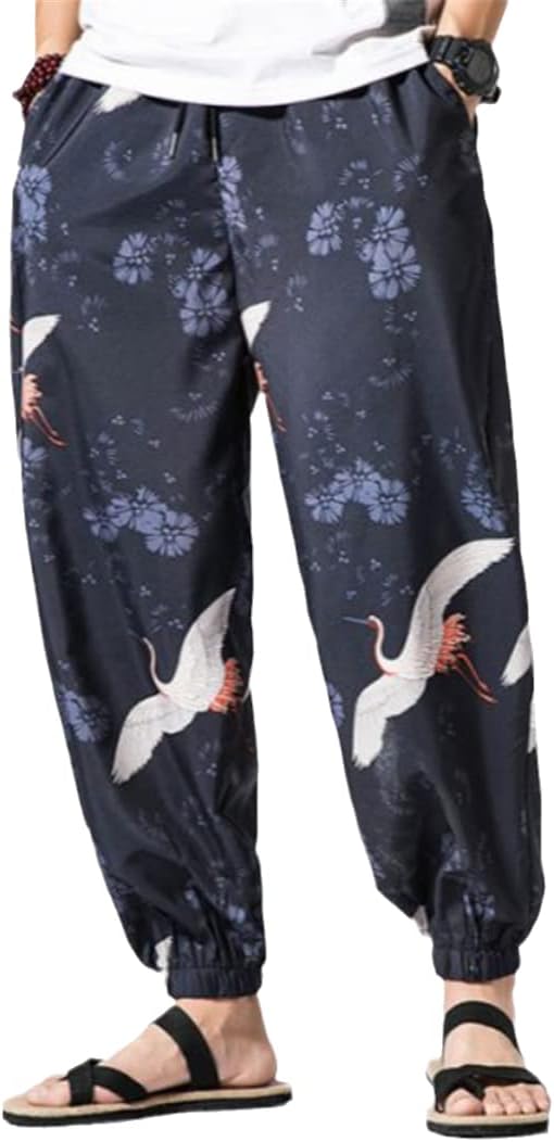 Japanese Kimono Traditional Print Long Pants Asian Costume Beach Casual Loose Japan Style Men Yukata