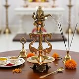 eSplanade - Brass Lotus Shaped Round Dancing Ganesh Diya | Oil Lamp | Home Decor | Brass Diya | Lamps for Home and Office - 8' Inches