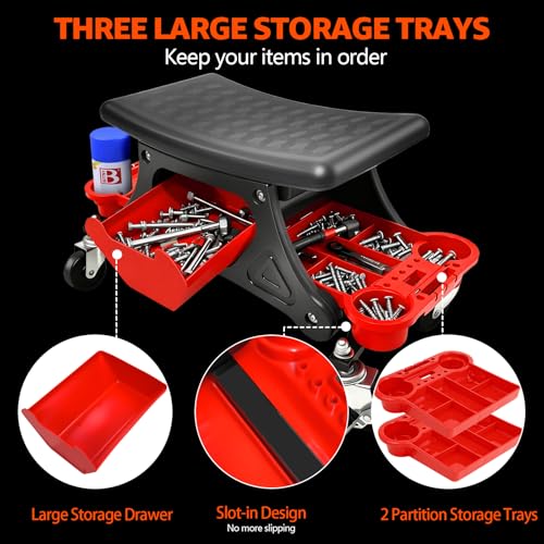 Mechanic Stool with Wheels, 264 LBS Load-Bearing Garage Stool, Heavy Duty Rolling Mechanics Seat, with Three Slide Out Tool Trays and Drawer, Tools for Automotive Auto Repair