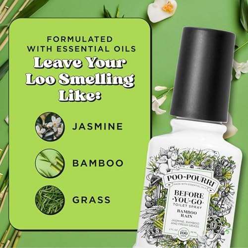 Image of Poo-Pourri Before-You-Go Toilet Spray, Bamboo Rain, 2 Fl Oz, Up to 100 Uses, Bathroom Odor Deodorizer with Essential Oils for Home or Work, Travel Essentials, TSA Approved Size, Bamboo & Fresh Grass