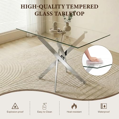 Image of 5 Piece Glass Dining Table Set for 4, Modern Tempered Glass Top Kitchen Table and Chairs Set, 4 Upholstered Chairs, Space-Saving Small Apartment Dining Set, Silver & Gold