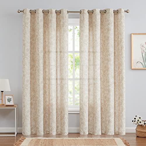 Lazzzy Linen Farmhouse Curtains For Living Room 90 Inch Length Floral Print Window Curtains Semi Sheer Drapes For Bedroom Country Light Filtering Curtain Grommet Top 2 Panels Taupe On Beige #TOP1