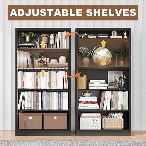 Image of 55 inch Tall Black Bookcase, 5 Tier Metal Bookshelf with Adjustable Shelves, Modern Deep Bookcase for Living Room, Home Office, Library