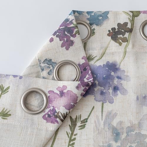 Image of MYSKY HOME Floral Linen Curtains 84 inch Long 2 Panels Set for Living Room Semi Sheer Light Filtering Privacy Protect Farmhouse Grommet Drapes, Purple, 52 inch Wide Each Panel, 2 Pcs