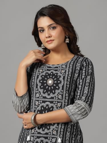 Image of Juniper Black Ethnic Motif Printed Rayon Slub Kurta with Beads & Sequins Work