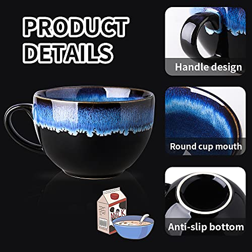 Koov Ceramic Soup Mug, Soup Bowls With Handles Microwave Safe, 24 Ounce Jumbo Mug And Cereal Mugs Set Of 4, Reactive Glaze (Nebula Blue) #TOP1