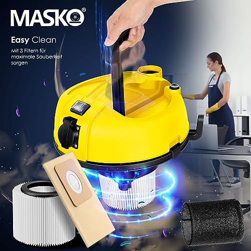 Foto von MASKO® 6IN1 Industriestaubsauger Staubsauger Aschesauger 2300W + Steckdose✓ Blasfunktion ✓ Trocken & Nass-Saugen | Industrie-Sauger mit & ohne Beutel | beutellos, Gelb