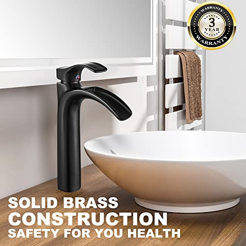Yodel Faucet Matte Black Bathroom Vessel Sink Faucet Waterfall Spout Tall Single Hole With Brass Anti-Clogging Hair Catcher Pop Up Drain Assembly Without Overflow Lavatory Vanity Faucets Commercial #TOP1