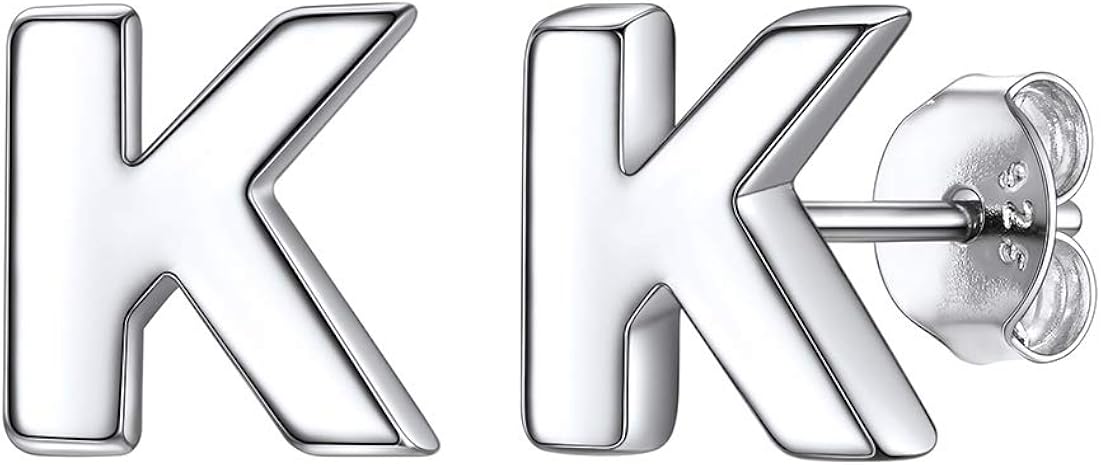ChicSilver Tiny Initial K Letter Stud Earrings Sterling Silver Minimalist Jewelry for Women, 01.Silver K
