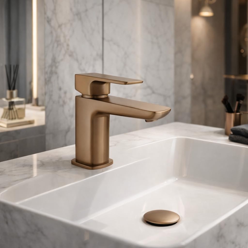 Mura Brushed Bronze Mono Basin Mixer | Mono Basin Mixer | Bathroom Sink Tap | Brushed Bronze Finish | Inc Slotted Basin Waste | Single Hole Deck Mounted Installation