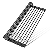 LEMIKKLE Roll Up Dish Drying Rack 17' x 13', Over The Sink Dish Drainer Rack, Foldable Sink Drying Rack, Anti-Slip Silicone Wrapped Dish Drainer for Kitchen Counter (Black)