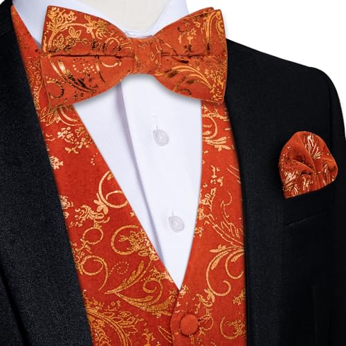 DiBanGu Mens Velvet Dress Waistcoat 6PCS Metallic Paisley Printed Suit Vest and Bowtie Set with Lapel Pin for Suit or Tuxedo3