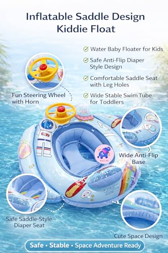 Image of Inflatable Kiddie Float | Water Baby Floater for Kids| Safe Anti-flip Diaper Style Swim Tube Rider| Swim Pool Tube for Toddlers|Multicolor Cute Swimming Pool Safety Seat (Space Ship)