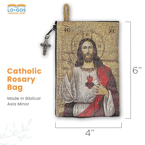 Image of TREE OF LIFE REV. 22:14 Catholic Rosary Pouch, 4 inch x 6 inch Jewelry & Coin Purse with Cross, Small Woven Tapestry Icon Bag, Bolsa de Rosario Catolico para Joyeria, Sacred Heart of Jesus & The Lord's