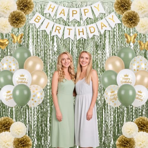 Image of TONIFUL 2Pcs Wavy Matte Sage Green Metallic Foil Fringe Curtains Streamers