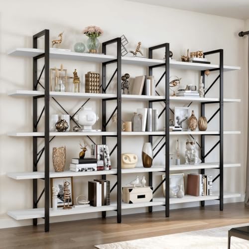 DWVO 5 Tier Tall Bookshelf, 12" D x 47" W x 71" H Large Industrial Book Shelf Vintage Bookcase for Living Room, Bedroom, Home Office, Free Standing Storage Shelving Unit, White