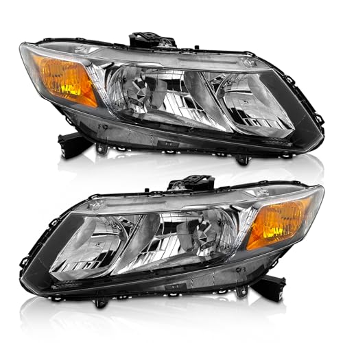 Headlights Assembly for 2012 2013 2014 2015 Honda Civic 4Dr Sedan/2012 2013 Honda Civic 2Dr Coupe Clear Lens Black Housing Amber Reflector (Does NOT Fit Hybrid or Hybrid-L Models)