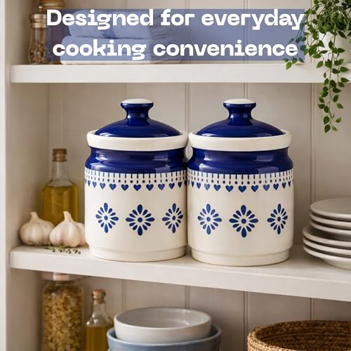Image of Classyo Ceramic Storage Containers - 600 ml, Salt Container, Pickle Jar with lid, Ceramic Jars for Kitchen Storage for Achar and Namak (Blue Floral, Set of 2)