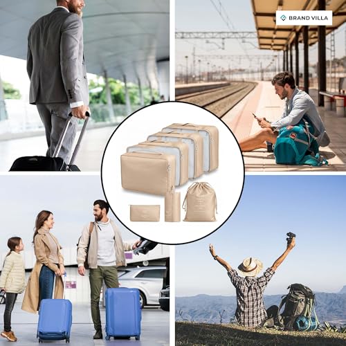 Image of BRAND VILLA 7 Pcs Travel Organizer Set Packing Cubes Luggage Organizer Bags with Shoe Bag, Laundry Pouch & Toiletry Bag for Clothes, Shoes, Accessories, Lightweight Travel Storage for Suitcase (Beige)