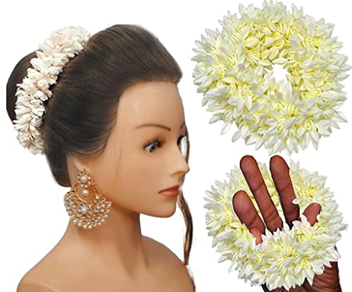 Huntlie 4 Pcs Hair Mogra Scented Rubber Band Gajra Hair Accessories for Women And Girls, Hair Flower Bun Artificial Gajra Scrunchies Rubber Band – (35 GM) (White) (Free Size)