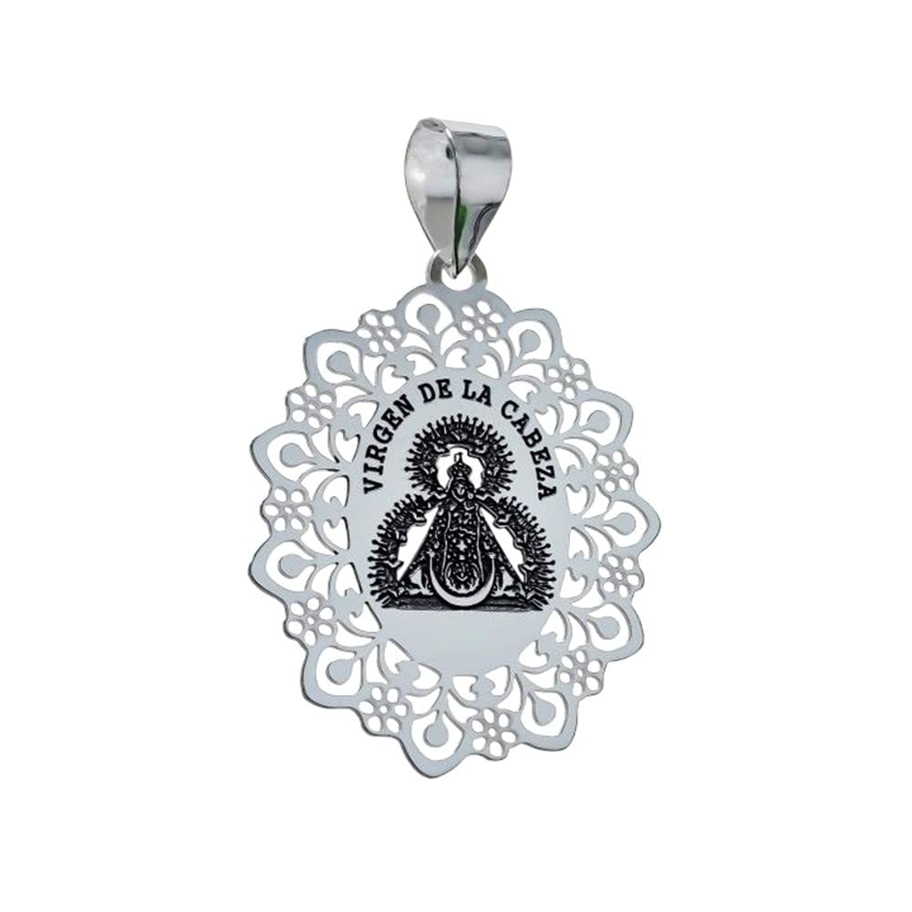 Virgen de la Cabeza medalla Plata Ley 925m unisex 37mm. cerco detalles calados