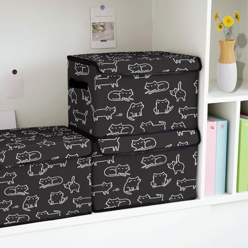 Image of Stackable Clothes Storage Bins with Lids 3 Pack. | Closet Organizers Fabric Cat Printing Box for Home and Office,Blanket Clothes Organizers,Under Bed Storage Containers