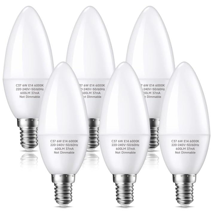 swesara Ampoules LED E14 6W C37: Lot de 6, Blanc Chaud 3000K, Equivalente à 60W Ampoules Incandescentes, 600LM, C37 LED Ampoule Culot E14, Non-Dimmable