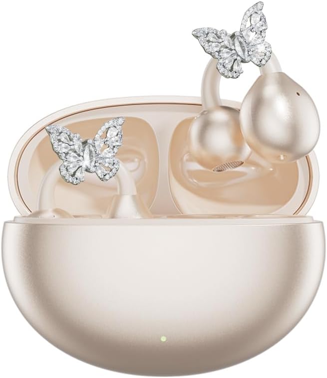 Soinf Women's Wireless Earphones, Designed with Crystal Butterfly Earrings and Open Bluetooth Noise Cancelling Earphones for Running, Suitable for Work, Fitness, Daily wear, and Gifts (Skin Tone)