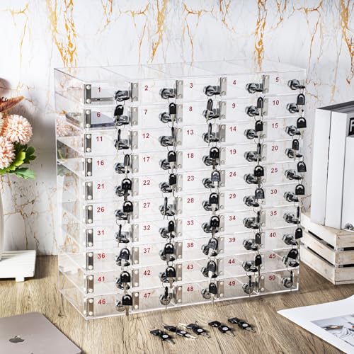 Image of Layhit Clear 50 Slots Cell Phone Locker Box for Classroom Clear Acrylic Cell Phone Storage Cabinet Bin with Door Locks for Classroom School Students Office Factory Employees