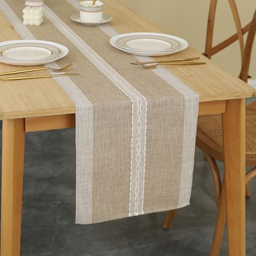 Fanteloo FT-1018 Brown Braided Stripe Table Runner Farmhouse Style-Handmade Rustic Linen Coffee Table Decoration Runner thumb #3